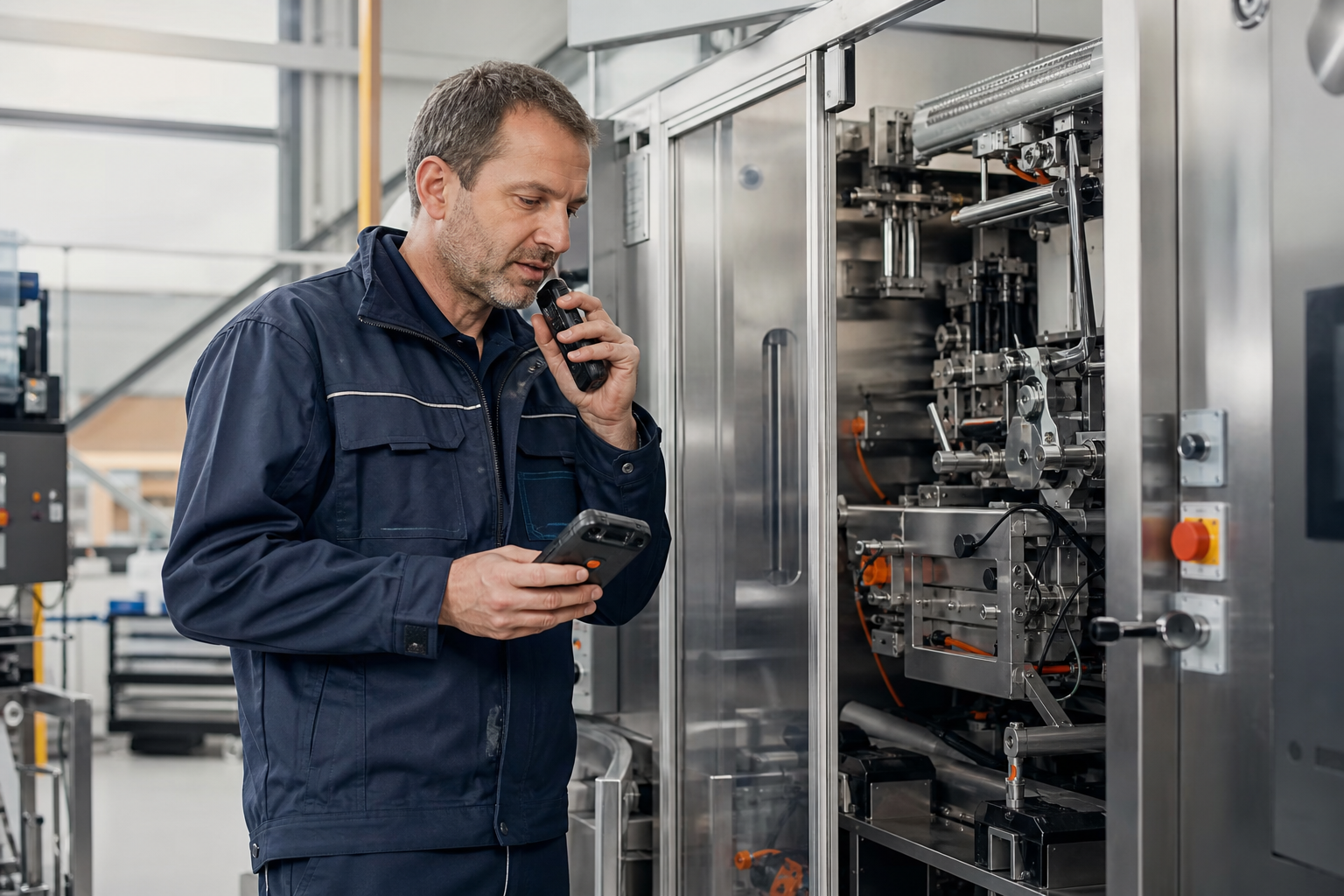 Servicetechniker erfasst eine gesprochene Notiz direkt an einer Maschine