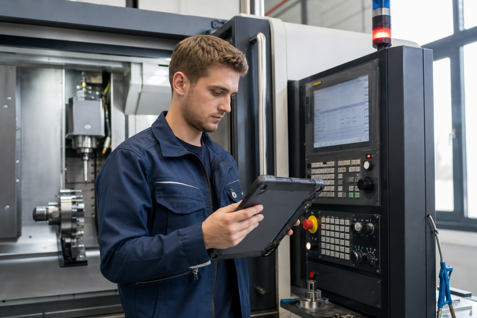 Servicetechniker findet einen dokumentierten Lösungsweg am Tablet